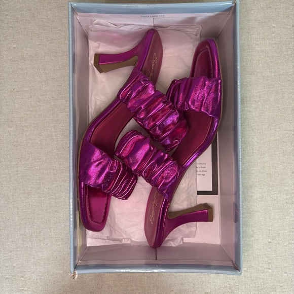 Seychelles Leeward‎ Metallic Pink 2 Strap Slip On Heels Heeled Sandals Size 9 - Picture 8 of 8